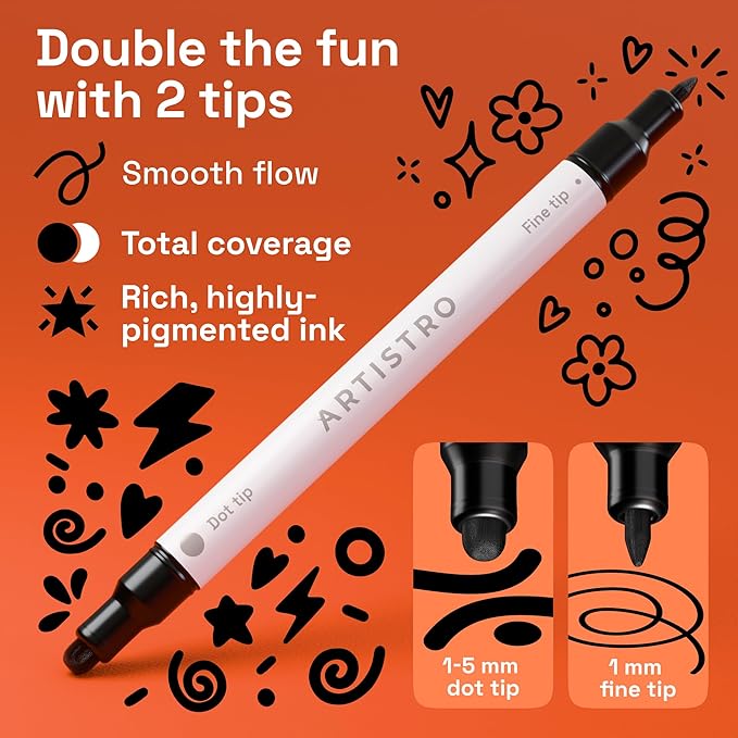 ARTISTRO 12 Black Precision Dual-Tip Acrylic Paint Markers – Paint Pens Set with Dot & Fine Tips for Fabric, Rock, Glass, Wood, Coloring Books – Classroom & Art Supplies Gift Teacher Appreciation Gift