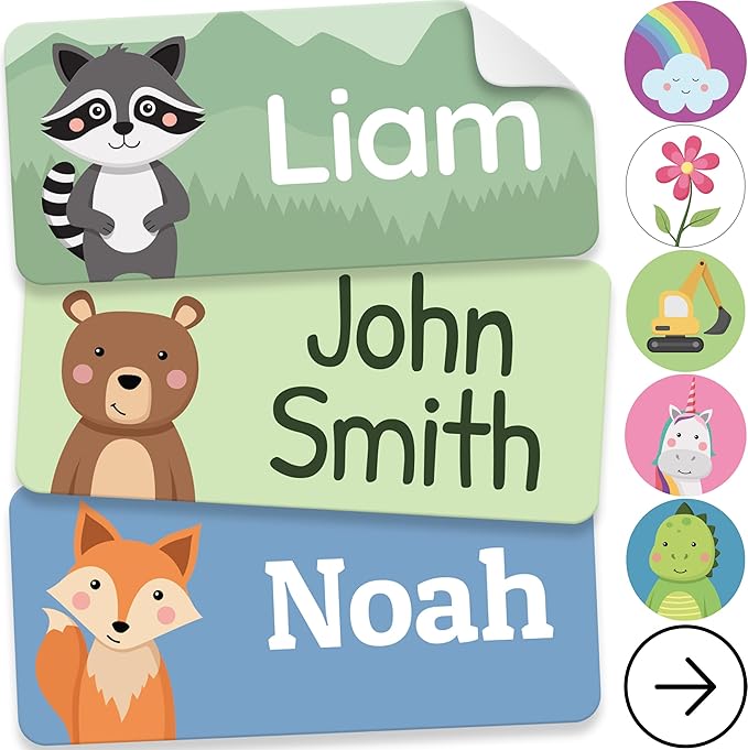 Personalized Name Labels for Kids (210 Labels) - Durable & Waterproof Custom Name Stickers for Clothing Tags, School Supplies, Camp & Daycare - Animal Forest (1.2”x0.5”)