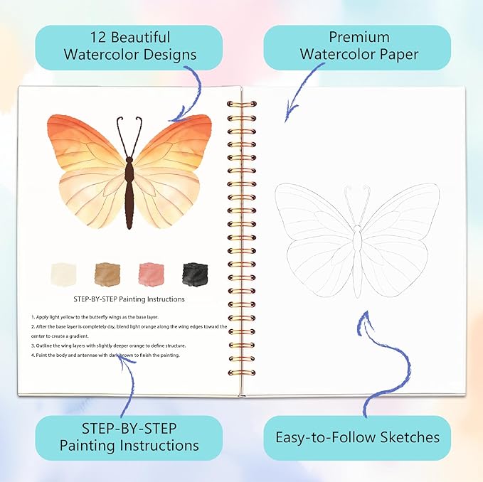 Easy Watercolor Workbook for Beginners - 12 Beautiful Step-by-Step Paintings Water Coloring Book, Includes 16 Colors Paints, Relaxing Art Projects and Creative Gift for Adults & Teen (Butterflies)