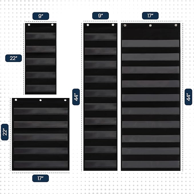 Essex Wares - 9"x22", 9"x44", 17"x22", and 17"x44" Pocket Chart, Black - Sturdy Variety Pack Pocket Chart for Classroom for Sentence Strips - Easy to Use & Hang, Reusable Black Pocket Chart
