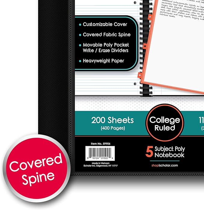 IQ+ iScholar 5-Subject Poly Cover Wirebound Notebook, College Ruled, 11 x 8.5 Inch Sheet Size, 200 Sheets, Black (59906-BK)