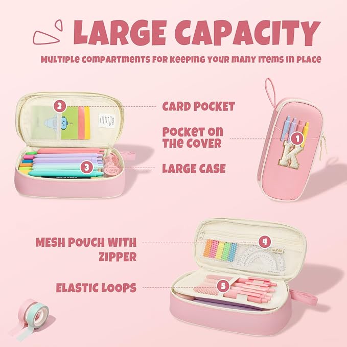 SUNEE Cute Pencil Case, Kawaii Big Capacity Pencil Pouch, Personalized Initial Pencil Bag with Zipper, Stationery Storage and Organizer, Back to School Supplies, Pen Box for Girls & Boys, Teen, K-Pink