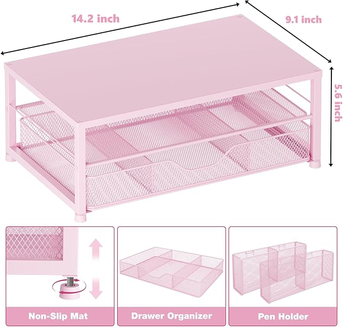 OPNICE Desk Organizers and Accessories, 2-Tier Computer Monitor Stand Riser with Drawer and 2 Pen Holders, Laptop Stand, Office Desk Accessories & Office Decor for Women, Pink