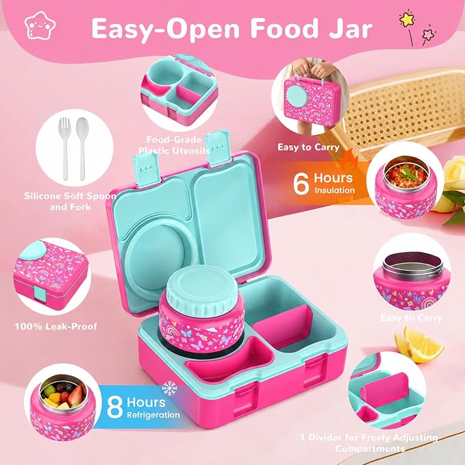 Kids Insulated Lunch Box with 8OZ Thermo Food Jar | Leakproof Bento Box with Ice Pack Sauce Cup Utensils Removable Tray & Dividers for School Daycare Travel, Rainbow Butterflies