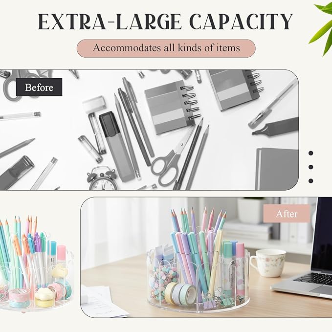 Scalloped Acrylic Pencil Holder Desk Organizer with 9 Compartments 360 Degree Rotating Pencil Organizer Desktop Storage Caddy for Pen Crayon Marker Art Supply for Office Home School