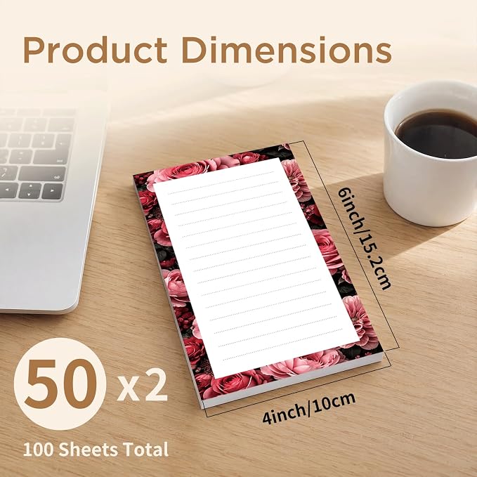 Lined Sticky Notes 4x6 in, 2 Pack Large Cute Notepads with Lines, Bright Post Memo Note Pads Big Rectangular Sticky Notes for Office Pink Red Roses