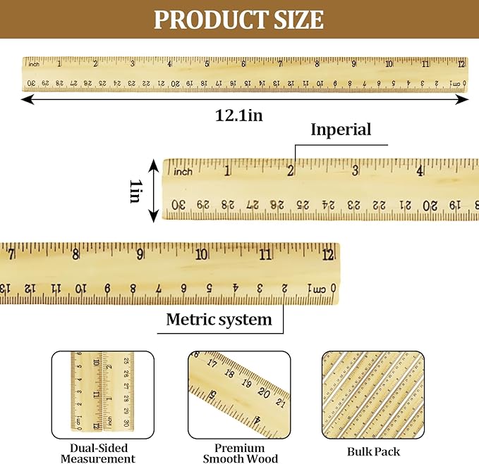 Wooden Ruler 12 Inch Bulk Dual-Sided Inches & Metric Measuring Stick for Classroom, Office, School for Teachers, Students, Artists (10 Pack)