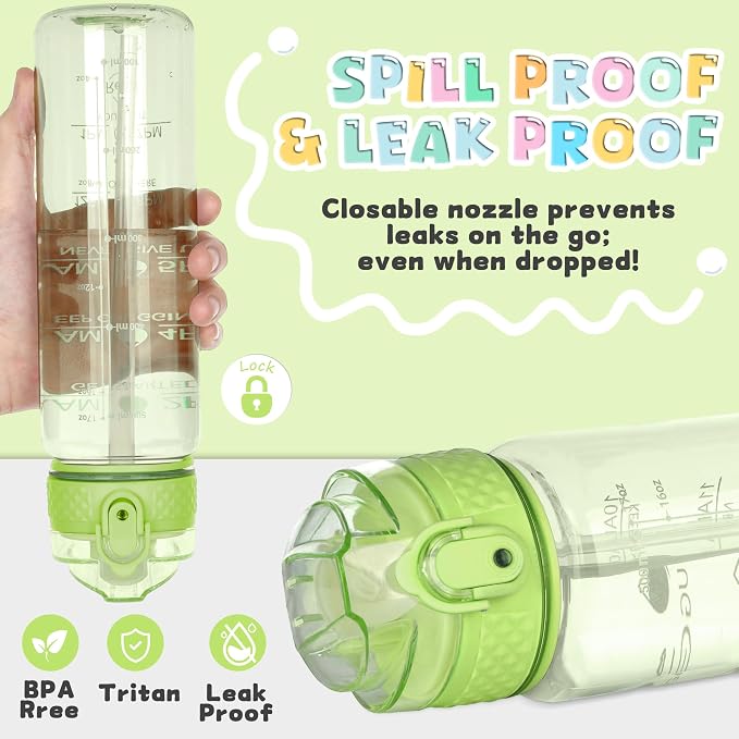 OLDLEY 17oz Kids Water Bottle, Tritan BPA-Free, Leakproof Flip Straw Lid, Motivational Time Marker, Carry Strap, Reusable Clear Water Bottle for Boys & Girls,Parrott Green