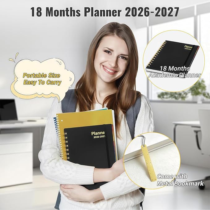 Daily Planner 2026-2027, 18 Month Planner with Tabs, January 2026 - June 2027 Weekly and Monthly Agenda Year Calendar Spiral Time Management, 100GSM Thick Paper, Twin-Wire Binding, A5 Size, Black