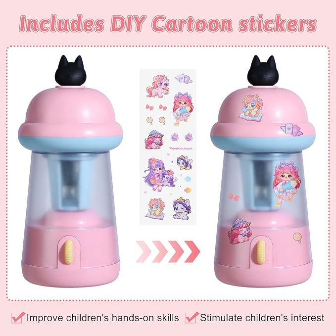 Rechargeable Electric Pencil Sharpener, 6-12mm Auto in & Out Fully Automatic Pencil Sharpener for Kids, Large Capacity Battery Powered, with Cartoon Stickers Ideal for Classroom & Home (Pink)