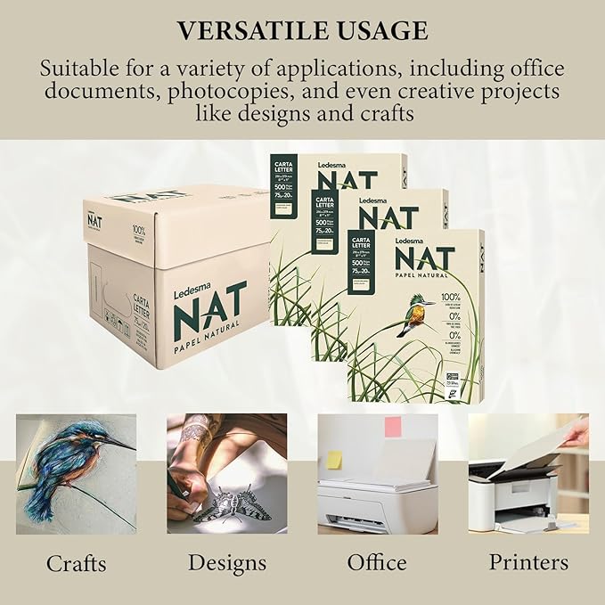 NAT Sugarcane Printer Paper – 8.5 x 11" Copy Paper, Chemical-Free - Made from 100% Sustainably Sourced, Jam Free, Acid Free, Multipurpose Recycled Office Paper, Natural Color (3 Reams/1500 Sheets)