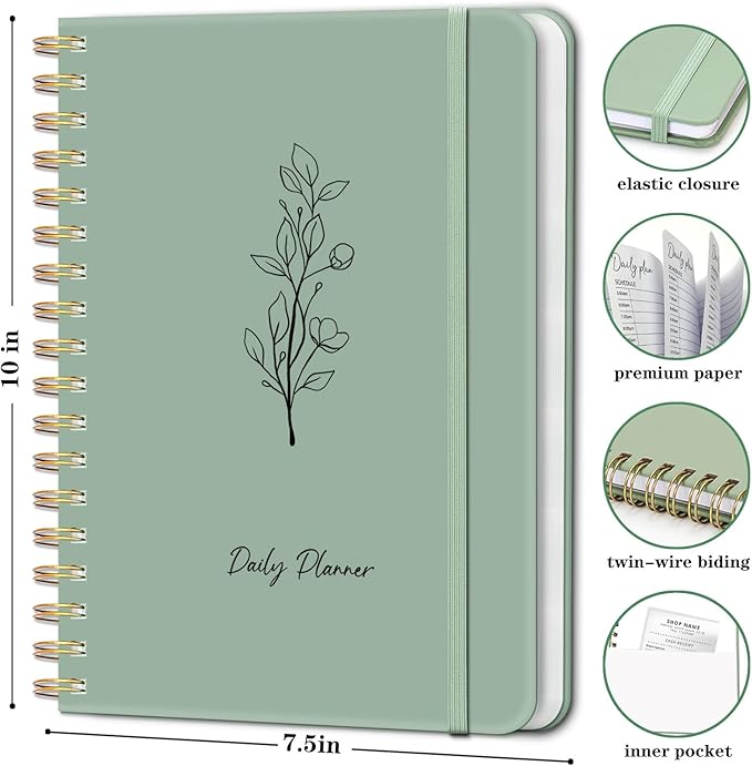Undated Daily Planner With Hourly Schedule, To Do List Spiral Notebook, Easily Organize Your Work Tasks And Appointments, Perfect School Or Office Supplies For Organizing & Planning, 7.5"x10", Green