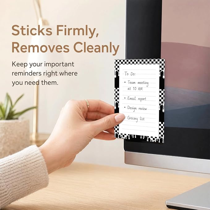 Lined Sticky Notes 4x6 in, 2 Pack Large Cute Notepads with Lines, Bright Post Memo Note Pads Big Rectangular Sticky Notes for Office Black White Checkerboard