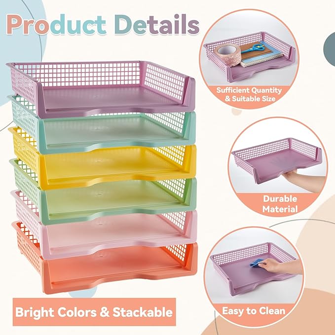 gisgfim 6 Pcs Turn in Trays Classroom Pastel Paper Tray for Classroom Organization and Storage Stackable Plastic Book Baskets Turn in Bins Teacher Organizers for Library Drawers School Office Desk