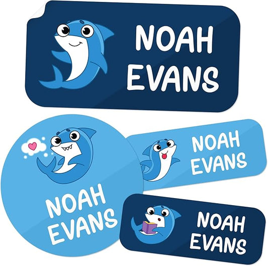 Personalized Daycare Name Labels for Kids, (130 Pack) Waterproof Custom Name Stickers for Clothing Tags, Lunch Boxes and School Supplies, Made in USA by MSC -Sharks