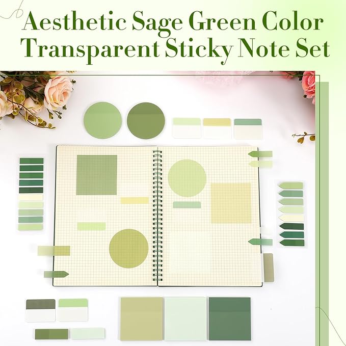 Glenmal Transparent Sticky Note Set 910 Sheets Translucent Clear Self-Adhesive Sticky Notes Bulk Gradient Color Waterproof for Bible Tabs Book Tabs Office Study Supplies Book Annotation(Sage Green)