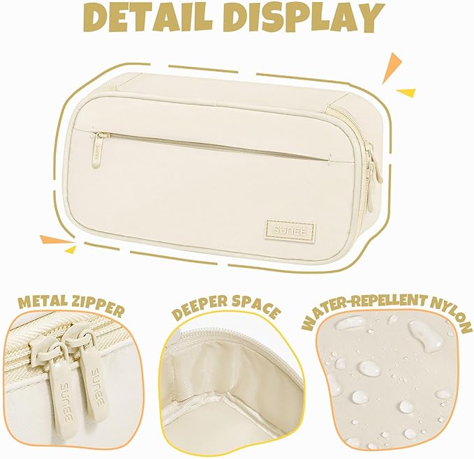 SUNEE Cute Pencil Case, Large Capacity Pencil Pouch, Big Storage Organizer for Stationery, Zipper Pen Bag, Back to School Supplies, Office Water-Repellent Nylon Pencil Bag for Teen Girls Boys, Cream