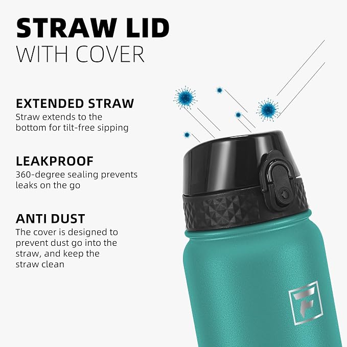 Fanhaw 32 Oz Kids Insulated Stainless Steel Water Bottle with Straw Lid, Leakproof & Anti-Dust Everyday Use Bottle for School, Women & Men, Back to School Essentials (Green Blue)