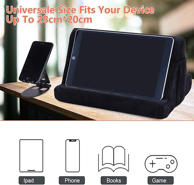 2pcs Multi-Angle Tablet Holder Cushion Stand with Net Pocket & Black Color Phone Stands Upgraded Tablet Pad Support for Phone,Pad,Books ( Black )