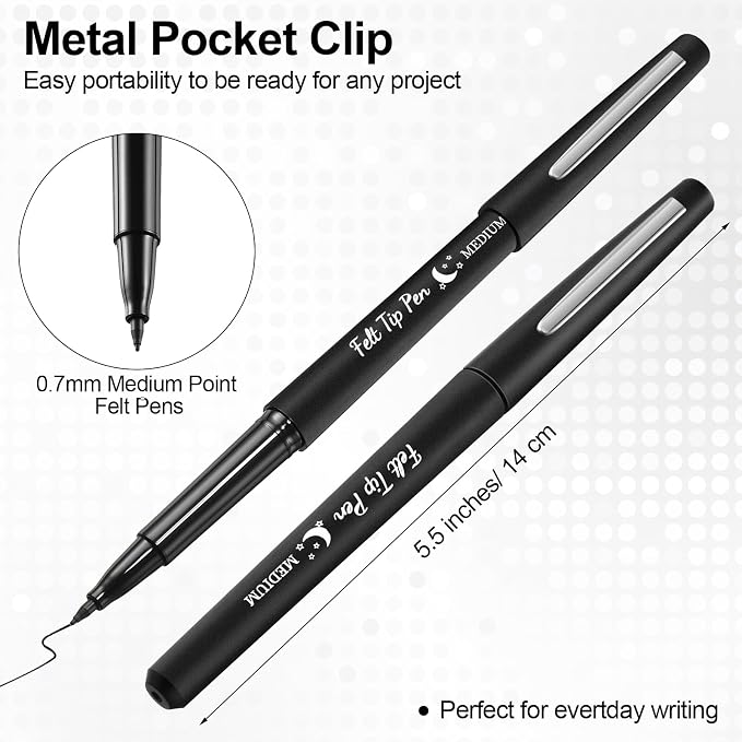 Fuyoooo 36 Pcs Black Felt Tip Pens Bulk, Quick Dry, 0.7 mm Medium Point