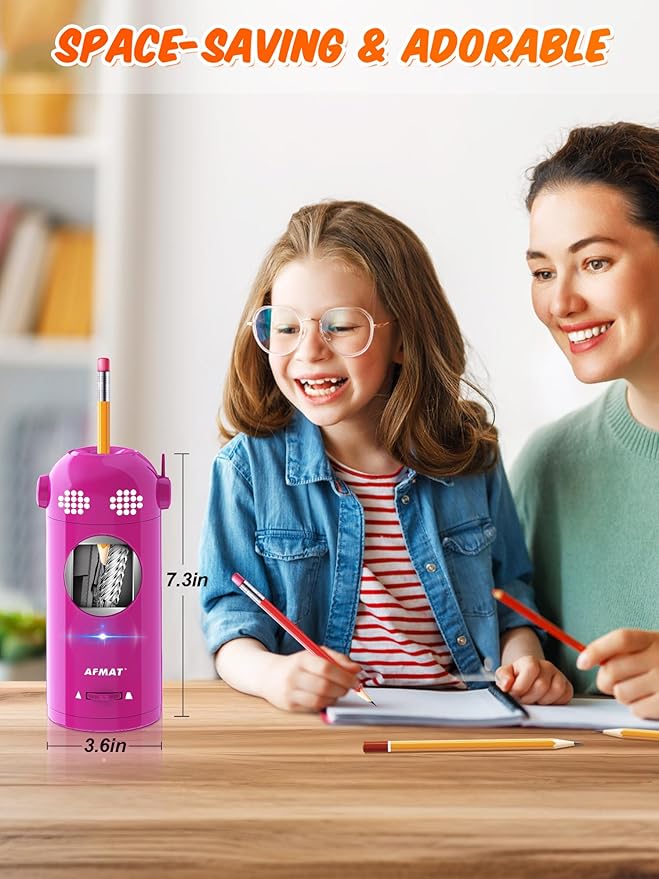 AFMAT Electric Pencil Sharpener Fully Automatic, Colored Pencil Sharpeners for 7-11.5mm Pencils, Rechargeable Hands-Free Robot Sharpener for Classroom, Home, Office, Battery Operated, PSX5EW, Pink