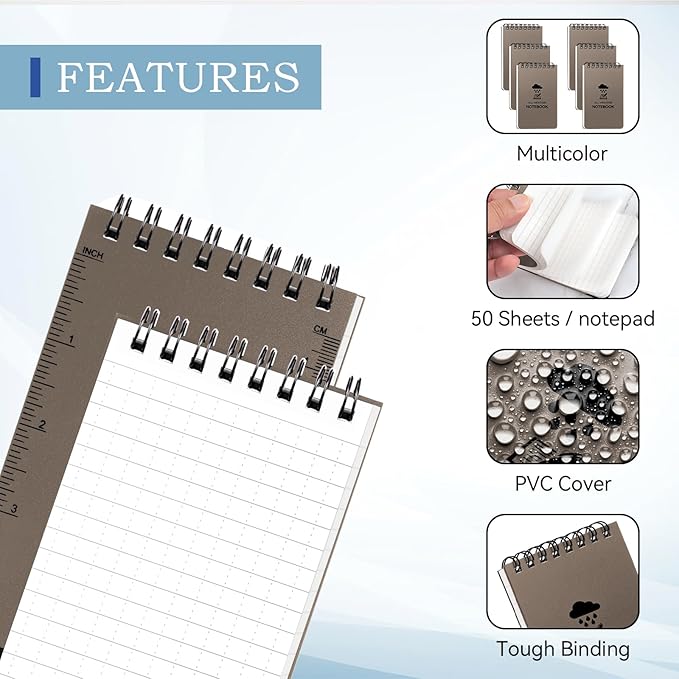 COIDEA 6 Pack Waterproof Notebook, 3 x 5 Pocket Notepad, Top-Spiral Weatherproof NotePad, All Weather Police Pocket Notebook Little Memo Steno Note Pads for Outdoor Office School Recording, Brown