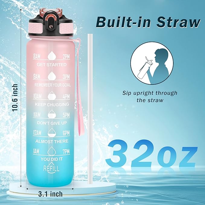 YC Kitchen Motivational Water Bottle with Time Marker - 32oz, Leak-proof BPA Free Sports Water Bottles with Straw & Carrying Strap