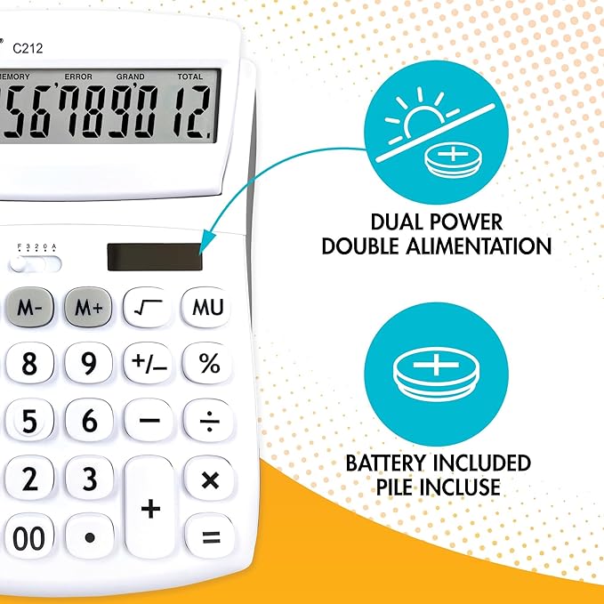 Lexibook - 12 Digit Desktop Calculator with Folding Display - Basic and Memory Function - Large Keys and Screen for Office, School, Home - Solar & Batteries - White/Gray - C212