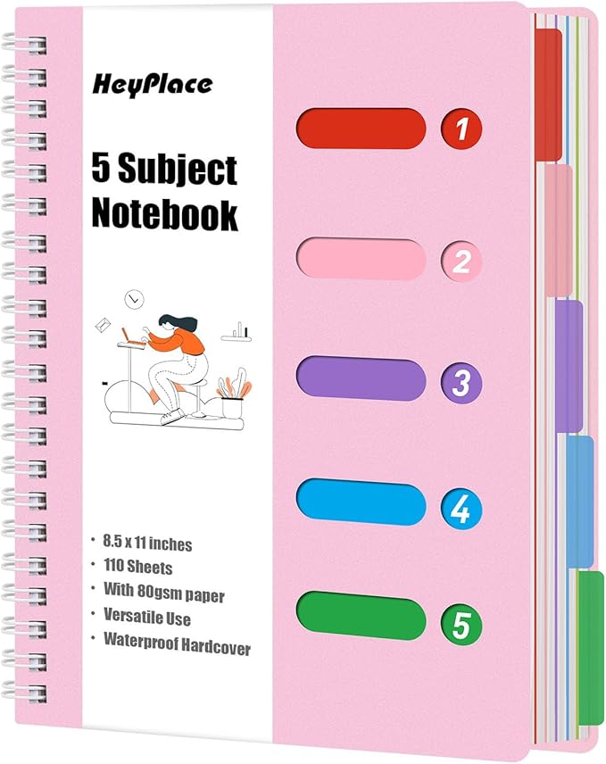 Subject Notebook Wide Ruled, 8.5x11inch Hardcover 5 Subject Lined Spiral Notebook with Dividers Tabs for School Women Journal Note Taking Office Supplies, 220 Pages, Pink