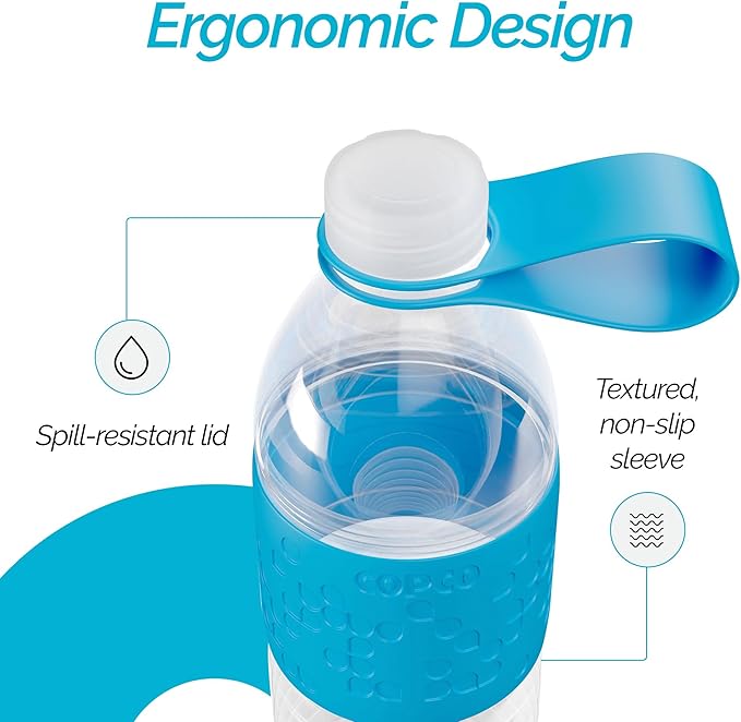 Copco Hydra 20 oz Water Bottle with Carrying Loop – Leak Proof, BPA Free Tritan, Dishwasher Safe, Twist-Open Body, Non-Slip Silicone Grip, Ideal for Gym, Travel & Office Use (Light Blue)