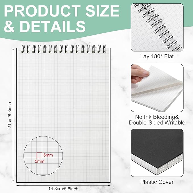 Engrowtic 2 Pack Graph Paper Spiral Notepad A5 Top Wirebound Notepad Grid Notebook Steno Pads Memo Notebook Grid Paper 140 Pages for Writing Sketching Drawing Office Supplies (Black Cover)