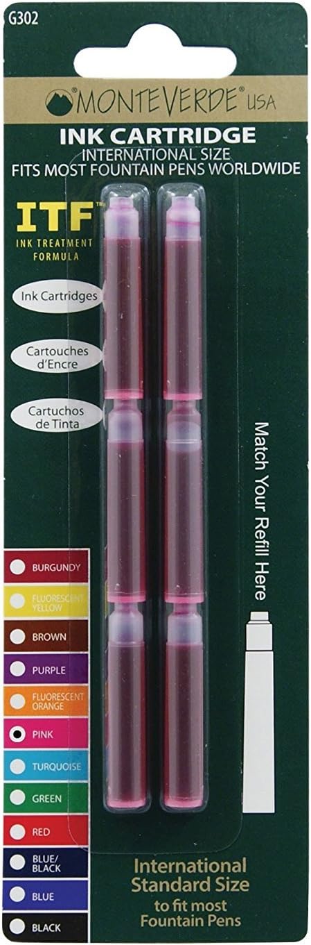 Monteverde Internatinal Size Cartridge to Fit Fountain Pens, Pink, 6 per Pack (G302PK)