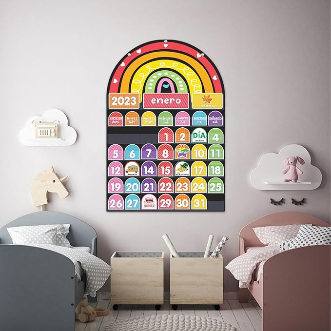 Rainbow Design Calendar Pocket Chart for Classroom & Home with 96 Activity Cards -Educational and Learning Calender Skills (Spanish)