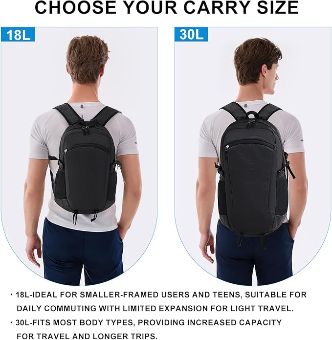 Lightweight Hiking Backpack 18L Packable Foldable Small Daypack Collapsible Travel Bag Water-Resistant for Women Men (Black)