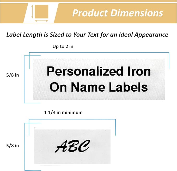 100 PreCut Iron On Personalized Fabric Clothing Name Labels with Font Choice. Custom 2”x5/8” Laundry Tag for Nursing Home, Camp, School, Day Care, Uniforms and Crafts. Child Safe Label.