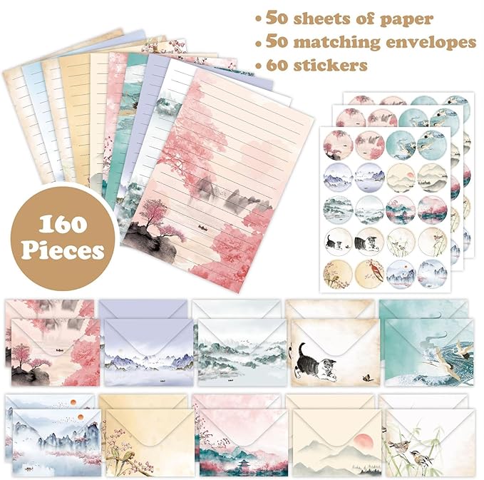 160 Pcs Stationery Paper Envelopes Set Includes 50 Lined Writing Paper & 50 Envelopes with 60 Colorful Round Dot Stickers, Ink Painting Letter Writing and Stationery Paper Envelopes(10Style)