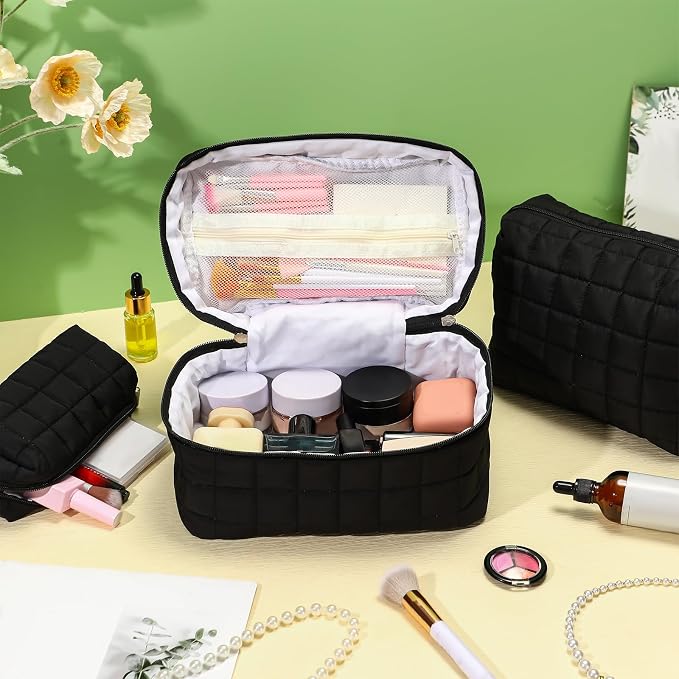 Huhumy 3 Pcs Large Puffy Makeup Bag Set Quilted Cosmetic Pouch for Women Cute Checkered Travel Toiletry Bag Puffer Makeup Organizer Purse Pouch Preppy Pencil Case with Zipper Valentine Gift(Black)