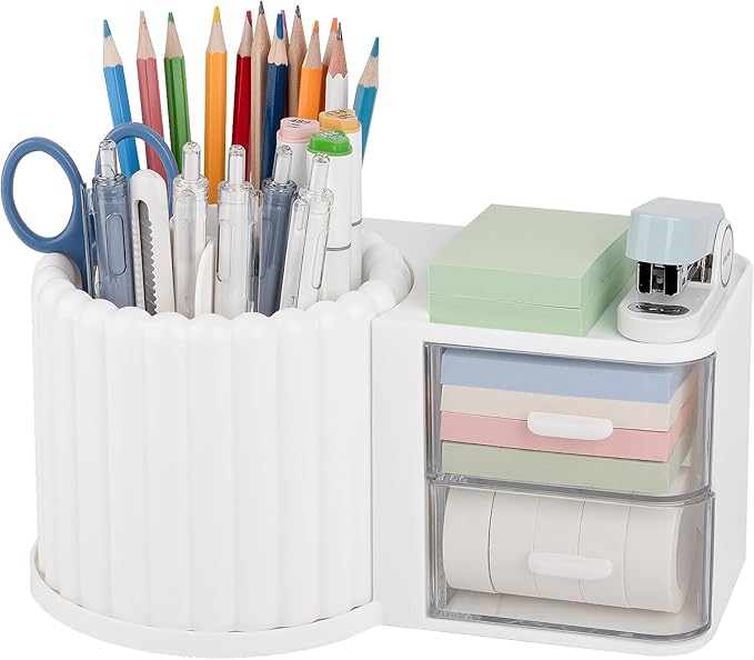 Anyoifax 360° Rotating Pen Holder 7 Slots Desk Organizer with Drawer Removable Pencil Cup Plastic Art Supplies and Accessories Desktop Storage Box Caddy for Office, School, Home (White)