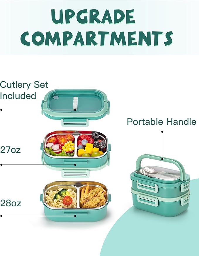 Lille Home Stackable Lunch Box, 2 Tier Stainless Steel Bento Lunch Box, 56oz Large Capacity Leakproof Lunch Containers, 4-Compartment Lunch Box with Utensils for Meal Prep, Work, Picnic(Green)