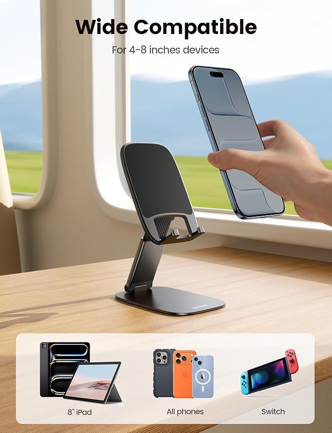 Lamicall Ultra-Thin Phone Stand for Desk, Foldable Cell Phone Holder Height Adjustable, Sturdy Weighted Base, Thick Case Friendly for Home Office Travel, Fit iPhone 17 16 15 13 Pro Max, Galaxy S26