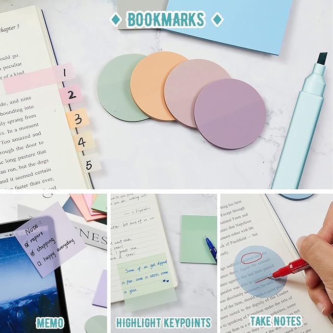 Lincia Book Annotation Kit Including 1200 Sheets Transparent Sticky Notes Index Tabs and 12 Pcs Aesthetic Pastel Cute Highlighter Set Assorted Color Clear Sticky Tabs for School Office