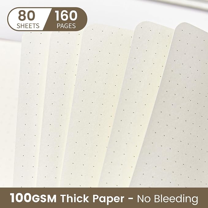 Dotted Journal Notebook Soft Cover PU Leather Journaling Notebooks for Women Men Writing Work Office School 160 Pages 100 GSM Thick Paper A5 Dotted 80 Sheets 5.79"x8.27", Khaki