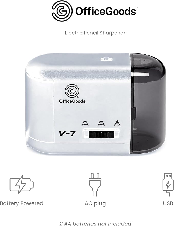 OfficeGoods Electric Pencil Sharpener - Battery or Cord Powered Portable Sharpener - Perfectly Sharpens Colored Pencils, Drafting Pencils for Kids, Adults, Office, School and Home - Silver