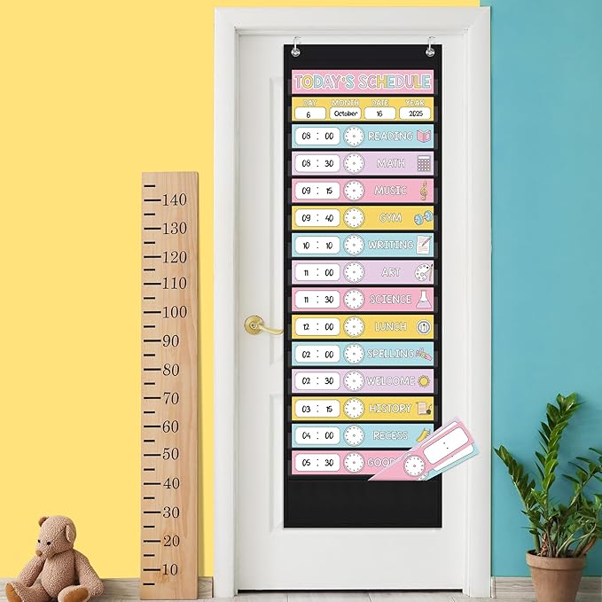 Pasimy Daily Schedule Pocket Chart for Classroom 15+1 Pockets with 31 Double Sided Reusable Cards 2 Magnetic Erasable Pens & Hangers Visual Schedule Chart School Office Home Decor(Black,Pastel)