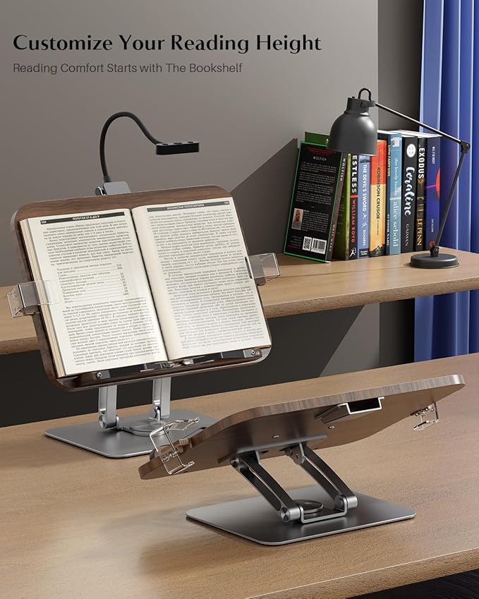 Book Stand for Reading,Adjustable Book Stand with Light,360° Rotating Metal Base,Foldable Cookbook Stand,Reading Hands Free with Page Clips for Recipe,Textbook,Laptop（3CCT & CRI 90）