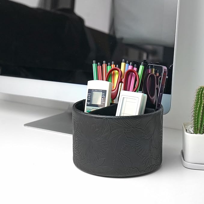 Round Leather Art Supply Organizer,Remote Control Holder,360 Degree Spinning,Multi-Functional Pencil Holder,4 Compartments Desktop Stationary Organizer(1-Carved Black)