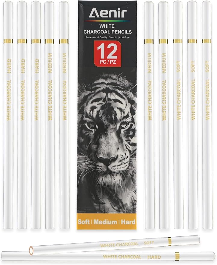 Aenir White Charcoal Pencils, Pack of 12 Charcoal Drawing Pencils, Charcoal Pencils for Artists, Art Supplies for Drawing and Highlighting.