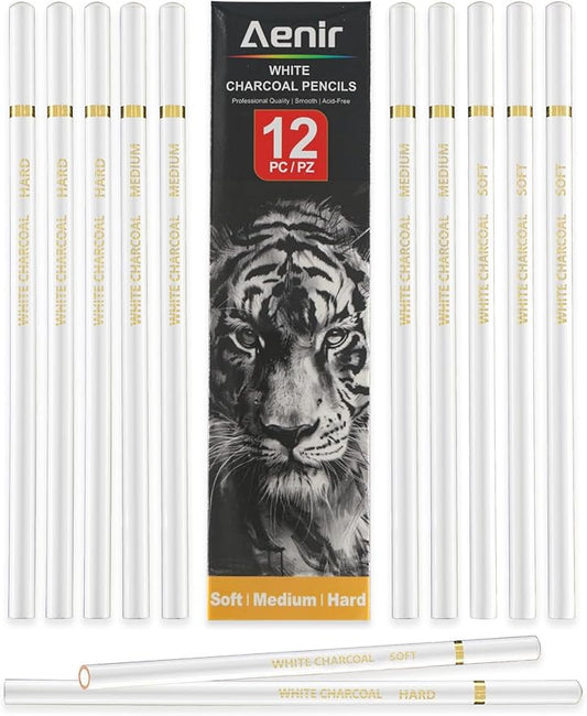 Aenir White Charcoal Pencils, Pack of 12 Charcoal Drawing Pencils, Charcoal Pencils for Artists, Art Supplies for Drawing and Highlighting.
