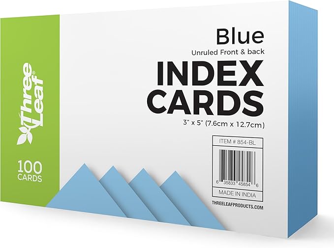 THREE LEAF 3 X 5, INDEX CARDS UNRULED 100 CT. BLUE, Blank Flash Cards, Study Card, Memo Pad, For To-Do List, Art And Craft Projects