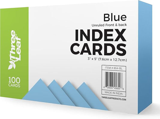 THREE LEAF 3 X 5, INDEX CARDS UNRULED 100 CT. BLUE, Blank Flash Cards, Study Card, Memo Pad, For To-Do List, Art And Craft Projects